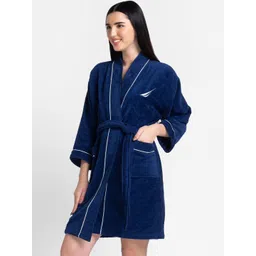 Nautica Women Navy Blue Solid Pure Cotoon Bath Robe image 5