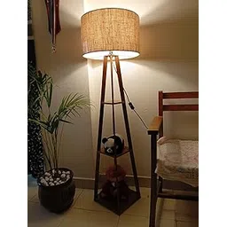 NauticaCollectical Wooden Corner Floor Lamp with 3 Shelves for Living Room, Bedroom, Office, Home Decoration (Jute Shade), LED-picture-12