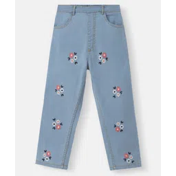 Nautinati Cotton Knit Floral Embroidered Elasticated Waistband Jeans - Blue-picture-25