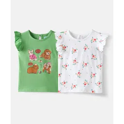 nautinati Nauti Nati Cotton Pack Of 2 Frill Sleeves Floral & Dogs Printed Tops - Green & White-picture-19