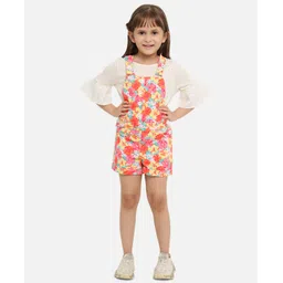 nautinati Nauti Nati Three Fourth Bell Sleeves Solid Tee With Floral Printed Dungaree Set - Orange-picture-21