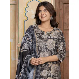 NAVYAAZRI Floral Printed Notch Neck Chanderi Silk Straight Kurta With Trousers & Dupatta-picture-23