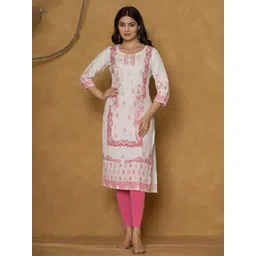 NAVYAAZRI Floral Printed Round Neck Beads And Stones Pure Cotton Straight Kurta-picture-11