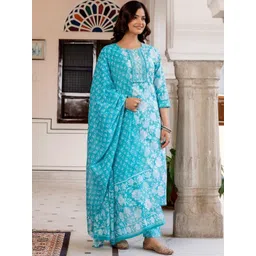 NAVYAAZRI Floral Printed Thread Work Pure Cotton Kurta With Trousers & Dupatta-picture-20