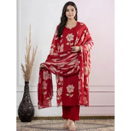 NAVYAAZRI Floral Printed V-Neck Mirror Work Pure Cotton Kurta With Trousers & Dupatta-picture-22