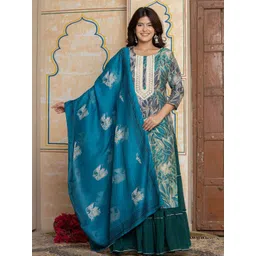 NAVYAAZRI Women Floral Printed Regular Thread Work Chanderi Silk Kurta with Skirt &Dupatta-picture-28