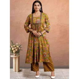 NAVYAAZRI Women Floral Printed Tiered Mirror Work Pure Cotton Kurta with Palazzos & With Dupatta-picture-36