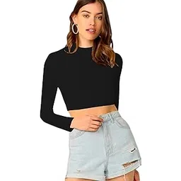 navyankaa Women's Slim Fit Solid Pattern Polyester Blend Crop Top with Mock Neck Long Sleeve and Standard Length Western Style-picture-27