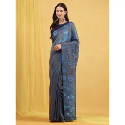 navyasa by liva Dark Blue Floral Print Saree With Unstitched Blouse-picture-28