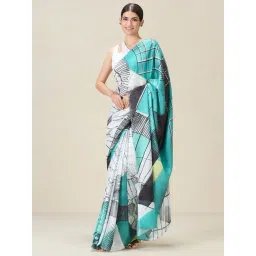 navyasa by liva White & Blue Printed Saree With Unstitched Blouse-picture-13