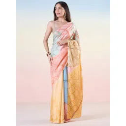 navyasa by liva Yellow & Pink Printed Saree With Unstitched Blouse-picture-33