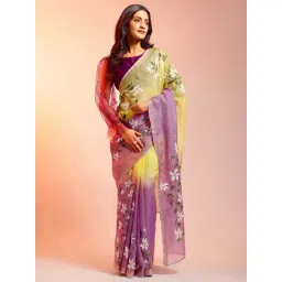 navyasa by liva Yellow & Purple Printed Saree With Unstitched Blouse-picture-36