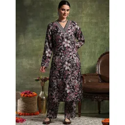 Nayam By Lakshita Floral Printed V-Neck Thread Work Straight Kurta With Palazzos-picture-39