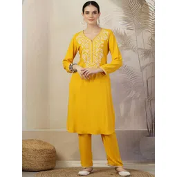 Nayam By Lakshita Floral Yoke Design Thread Work Straight Kurta with Palazzos-picture-31