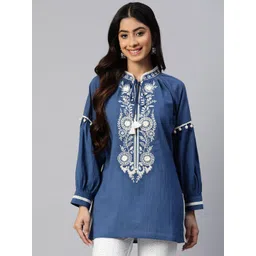 Nayam By Lakshita Mandarin Collar Puff Sleeves Embroidered Tunic-picture-32
