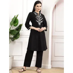 Nayam By Lakshita Mandarin Collar Regular Floral Embroidered Linen Tunic and Trousers-picture-15