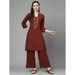 Nayam By Lakshita Women Maroon Floral Embroidered Panelled Pure Cotton Kurta with Palazzos-picture-30