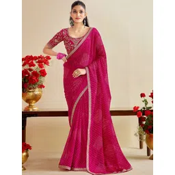 Nayanthara Trends Ethnic Motifs Embroidered Poly Chiffon Heavy Work Bandhani Saree-picture-23