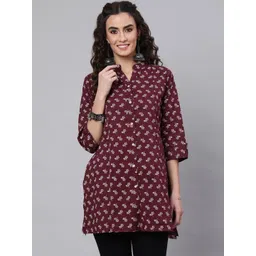 Nayo Burgundy Mandarin Collar Floral Printed Cotton Tunic-picture-18