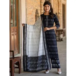 Nayo Women Black Ikat Printed Pure Cotton Kurta with Trousers & With Dupatta image 2