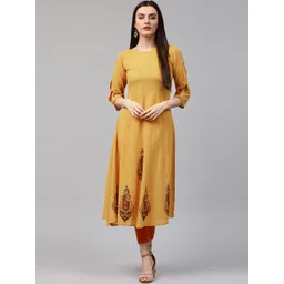 Nayo Women Mustard Yellow Block Print A-Line Kurta-picture-13