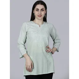 NAZAQAT ETHNIC INDIA Ethnic Motifs Embroidered Notch Neck Cotton Chikankari Short Kurti-picture-33