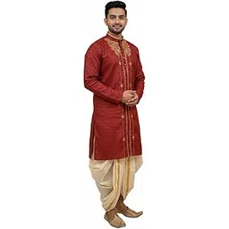 needle go traditional Men's Bengali Wedding Punjabi Kurta, Banarasi Silk, Embroidered, Beige and Maroon, M to XXL-picture-10