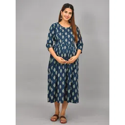 Negen Ethnic Motifs Printed Maternity Fit & Flare Midi Ethnic Dress-picture-37