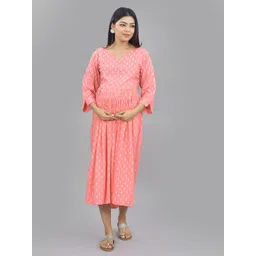 Negen Polka Dot Printed Maternity V-Neck Gathered Fit & Flare Midi Dress With Feeding Zip-picture-37