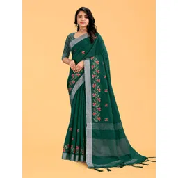 NEGRONI Foral Embroidered Zari Pure Linen Saree-picture-12