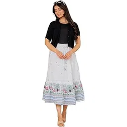 Neha Cration Women's Cotton Peacock Print Skirt with Lining, White-picture-12