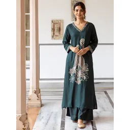 Nehamta Animal Printed V-Neck Beads & Stones Straight Kurta With Palazzos-picture-26