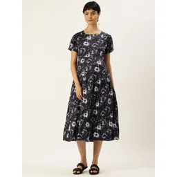 Nejo Floral Print Puff Sleeves Maternity Pure Cotton A-Line Midi Dress-picture-10