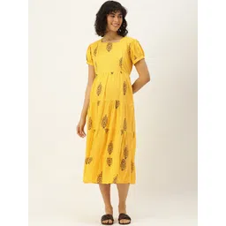 Nejo Floral Print Puff Sleeves Pure Cotton Maternity A-Line Midi Dress-picture-11