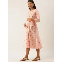 Nejo Women  Pink & Blue Printed Fit & Flared Woven  Maternity Dress With waist Tie-Up-picture-38