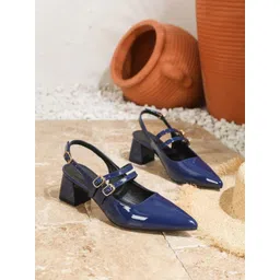 NELCOZ Women Pointed Toe Leather Party Block Sandals With Buckles-picture-7