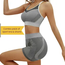 neska moda Combo Pack of Sports Bra & Shorts Gym Wear Set for Women, Workout Set Combo, Wire Free Padded Sports Bra with High Waist Shorts for Great Comfort, Athleisure Yoga Wear (Grey) Size-L-GW01 image 4
