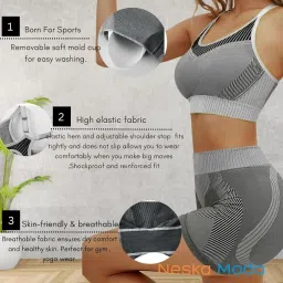 neska moda Combo Pack of Sports Bra & Shorts Gym Wear Set for Women, Workout Set Combo, Wire Free Padded Sports Bra with High Waist Shorts for Great Comfort, Athleisure Yoga Wear (Grey) Size-L-GW01 image 2