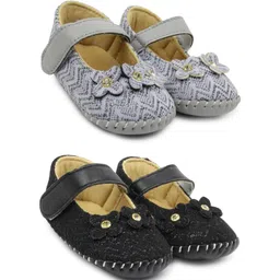 Neska Moda 6 To 12 Months Baby Girls Set of 2 Pair Synthetic Leather Floral Baby Sandal Booties (Toe to Heel Length - 12 cm, Black, Grey)-picture-14