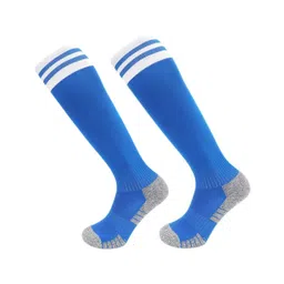 Neska Moda Cotton Elastane Colour Blocked Abstract Designed Striped Knee Socks - White & Blue-picture-21