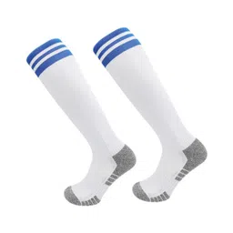Neska Moda Cotton Elastane Colour Blocked Abstract Designed Striped Knee Socks - White & Blue-picture-32