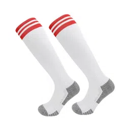 Neska Moda Cotton Elastane Colour Blocked Abstract Designed Striped Knee Socks - White & Red-picture-22
