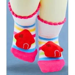 Neska Moda Cotton Elastane Knit Home Applique Detailed Anti Slip Socks - White & Pink-picture-24