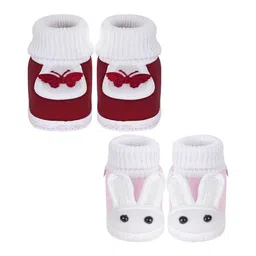Neska Moda Cotton Pack Of 2 Butterfly & Bunny Applique Detailed Slip On Booties - Maroon & Baby Pink-image-26