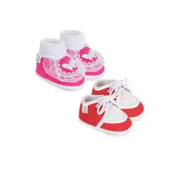 NESKA MODA Kids Pack Of 2 Red & Pink Cotton Lace Booties-picture-11