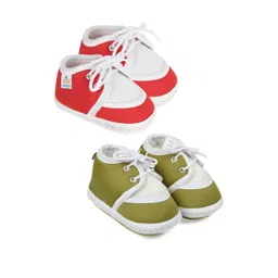 NESKA MODA Kids Set Of 2 Red & Green Lace Ups Cotton Booties-picture-19
