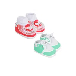 NESKA MODA Unisex Kids Pack of 2 Lime Green & Red Solid Cotton Booties-picture-14