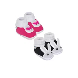 NESKA MODA Unisex Kids Pack of 2 Pink & Black Cotton Rabbit Face Slip On Booties-picture-46