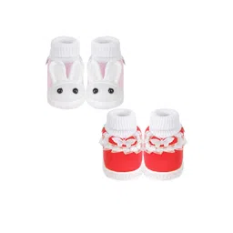 NESKA MODA Unisex Kids Red & Pink Cotton Bunny Printed Set Of 2 Booties-image-7