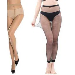 neska moda Women Pack of 2 High-Rise Fishnet & Sheer Stockings with Elasticated Waistband-picture-22